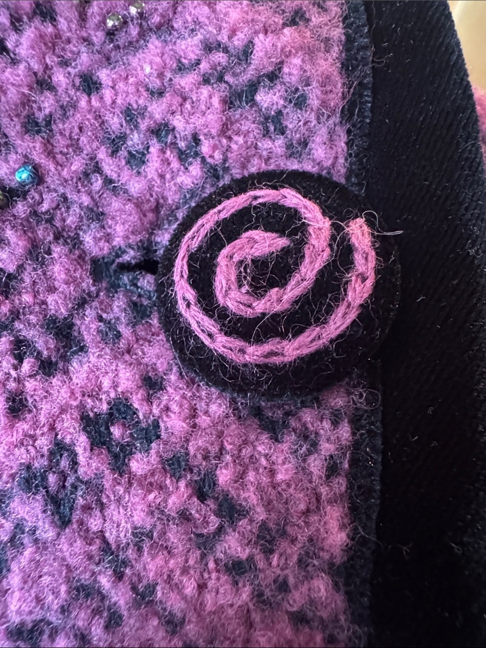 Vintage Icelandic Designs Purple Herringbone Knit Cardigan | Black Velvet Trim - Picture 11 of 11